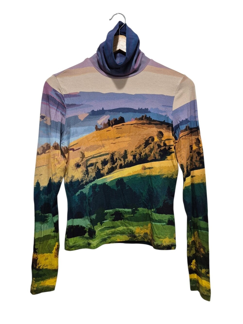 THE KIT by Daniel Vosovic Mountain Postcard Printed Turtleneck Top Size MEDIUM